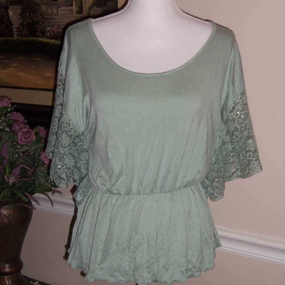Rue21 green peplum top sequins lace blouse XL